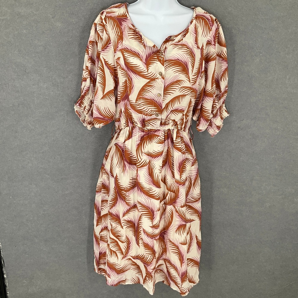 Anthropologie Dress Womens Sz S Brown Pink Palm Leaf Print Pockets Button Front